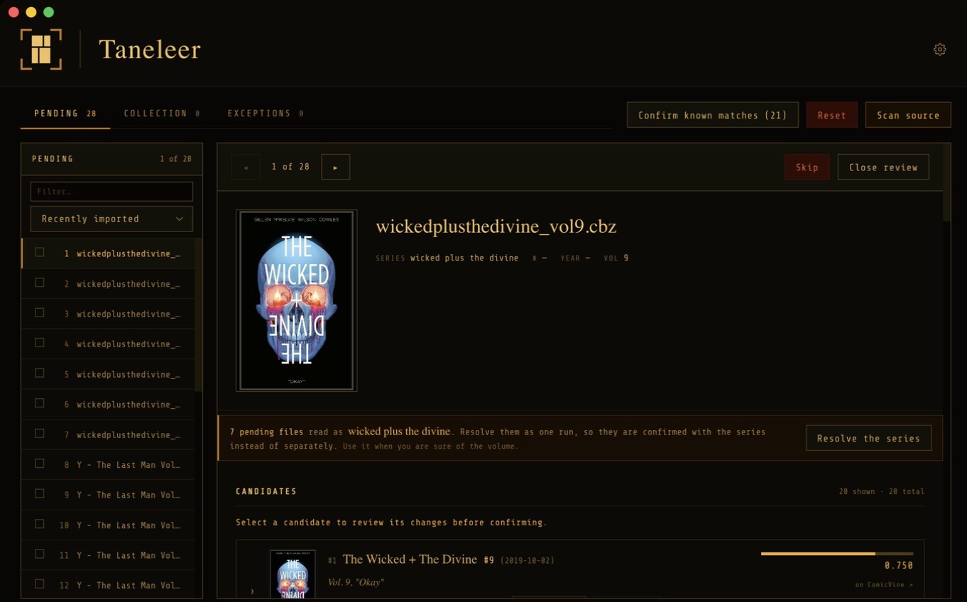 The Taneleer review panel: wickedplusthedivine_vol9.cbz with its cover, parsed filename, a Resolve the series banner and ranked ComicVine candidates